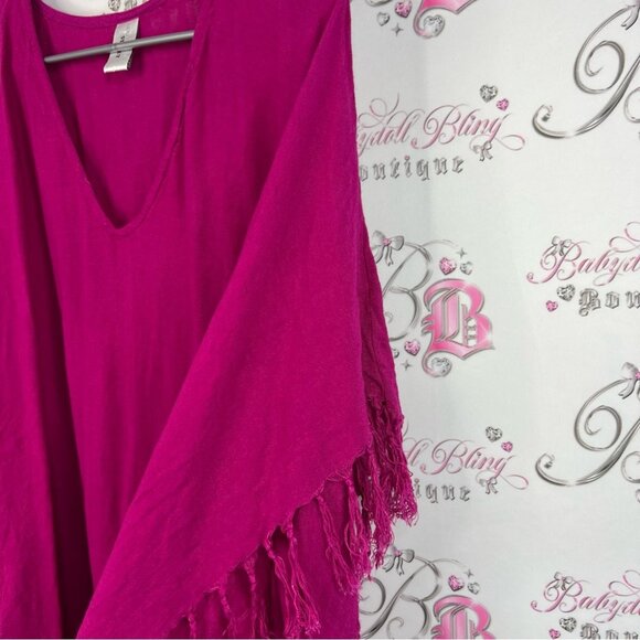 Accessory Street coverup dress tassle sides beach rayon Pink Poncho with Fringe - Picture 5 of 9